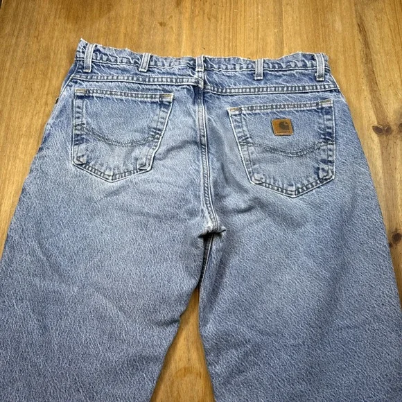 Vtg Carhartt Flannel Lined Jeans Mens 36x30 Light Blue Dungaree Work Distressed‎ - Picture 15 of 16
